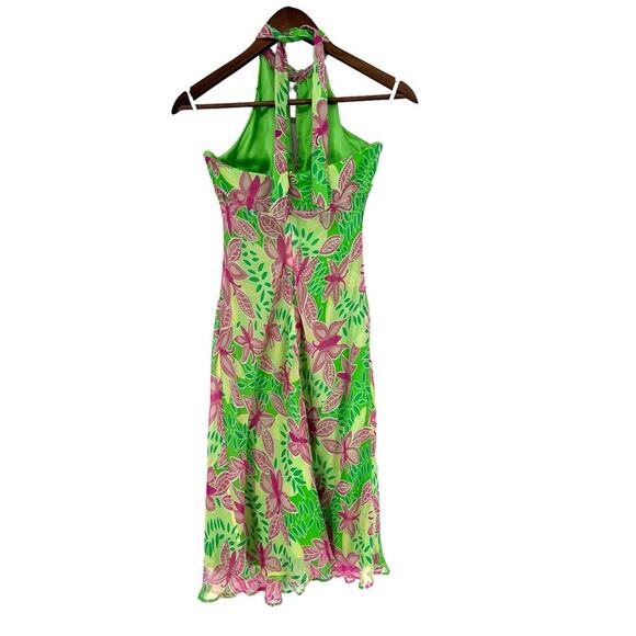 Lilly Pulitzer Silk Butterfly Halter Style Midi Vintage Green/Pink Dress size 2 - Picture 3 of 5